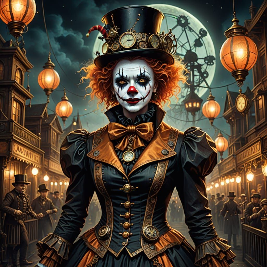 Steampunk Carnival at Night With Victorian Clown
