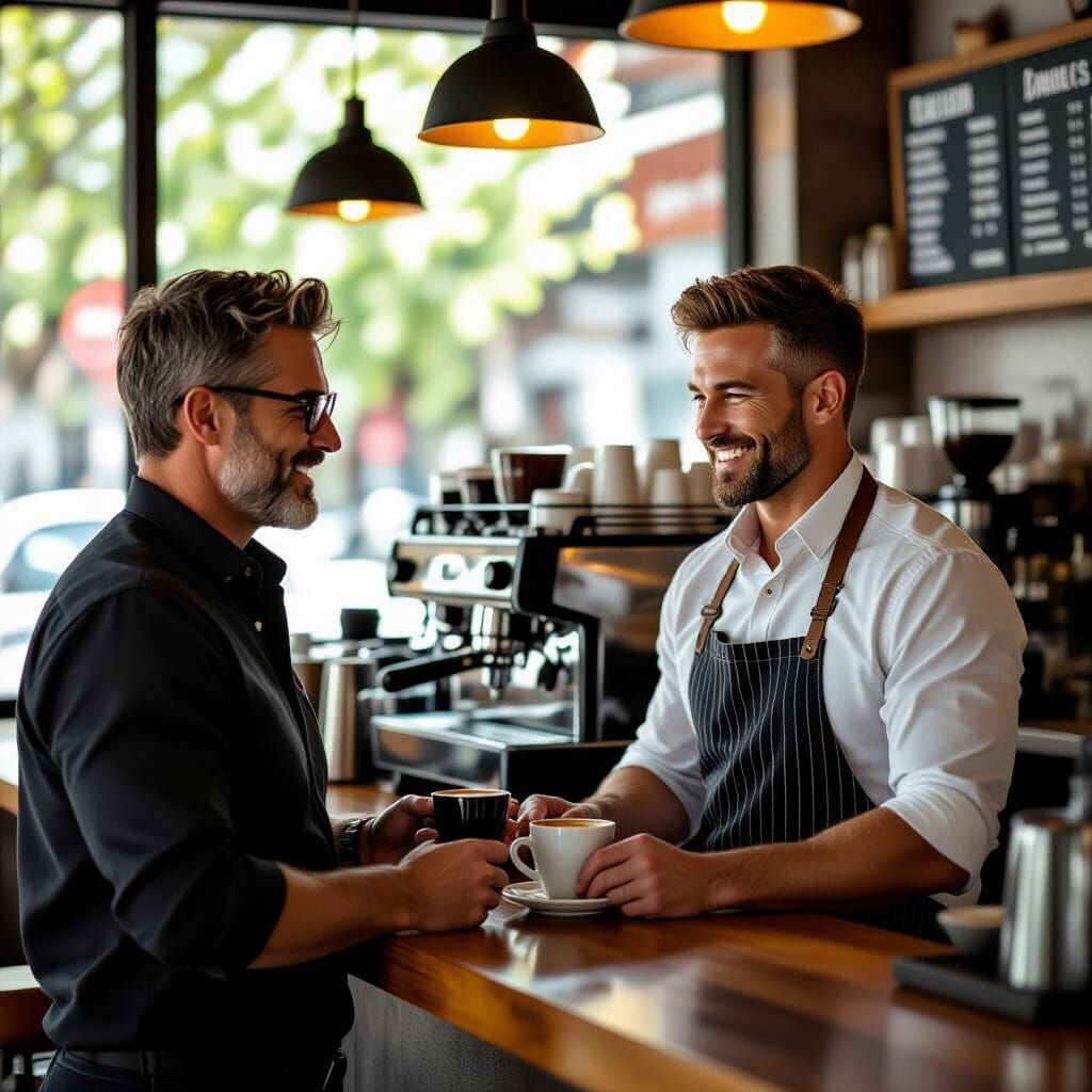 Attractive Men Ordering Coffee in Cinematic Style