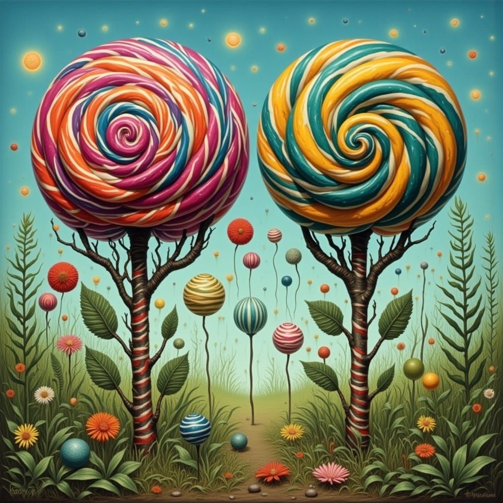 Surreal Lollipop Trees in Neon Cityscape