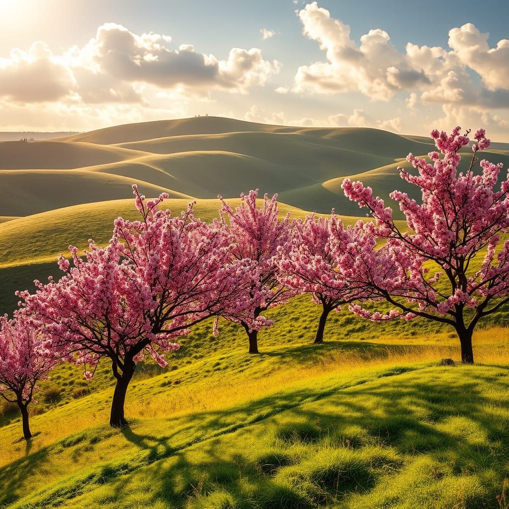 Surreal Peach Blossom Landscape in Golden Light