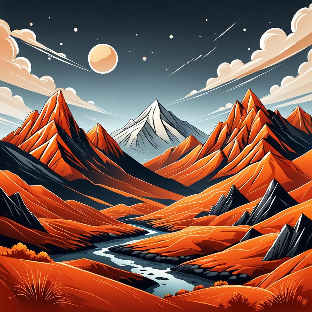 Orange Monochromatic Mountains in Cartoon Style