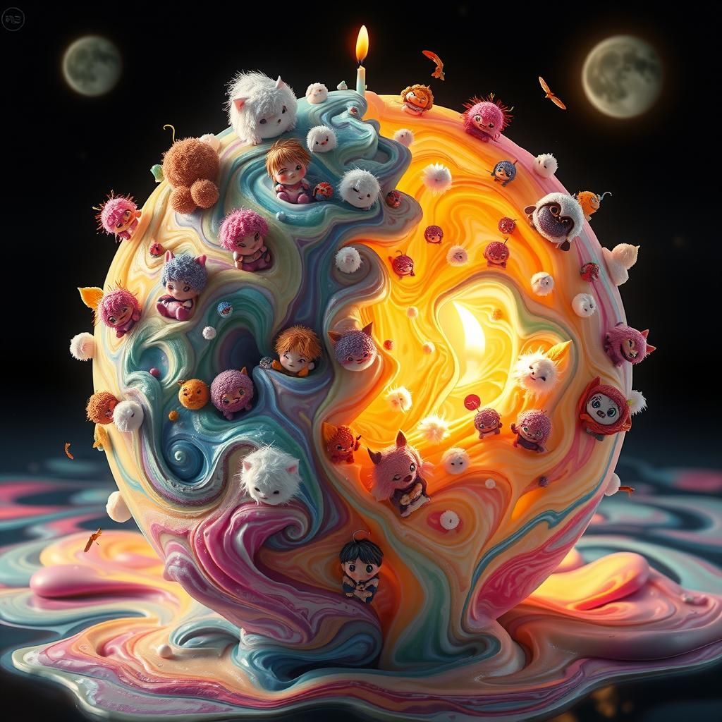 Candle Wax Planet with Adorable Chibi Monsters