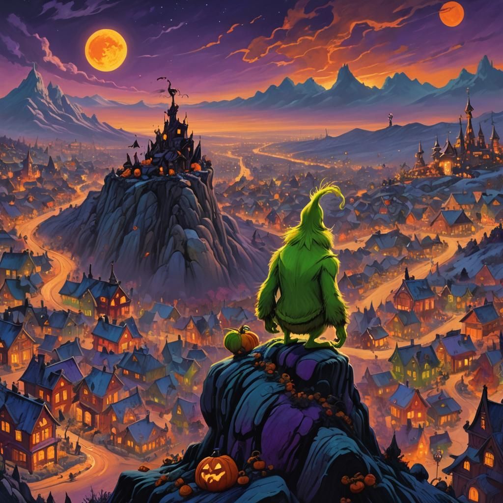 Grinch Overlooks Halloween in Whoville: Surreal Concept Art