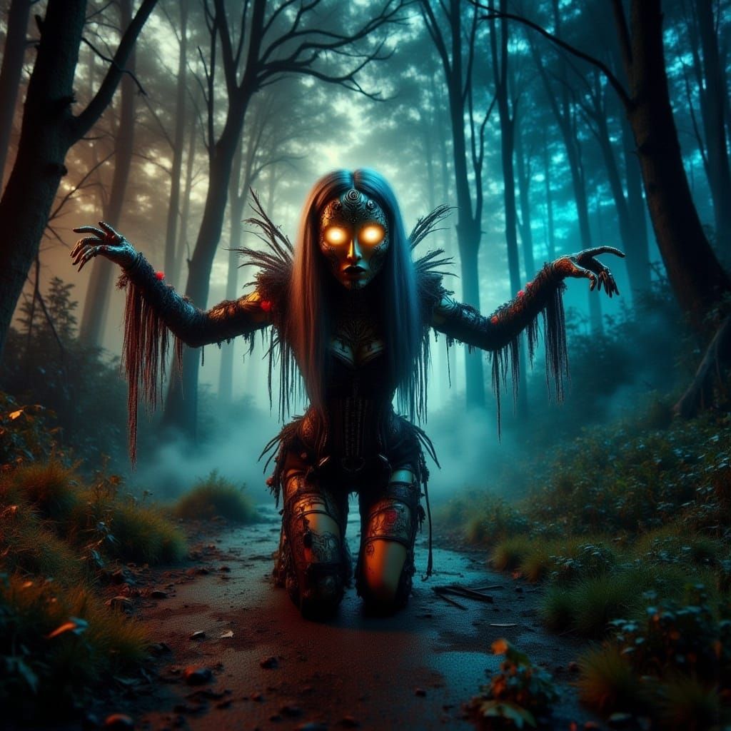 Enchanted Cyberpunk Scarecrow in Whimsical Forest