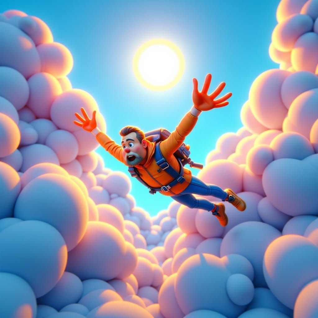Skydiver Freefalling Through Clouds in Whimsical 3D Animatio...