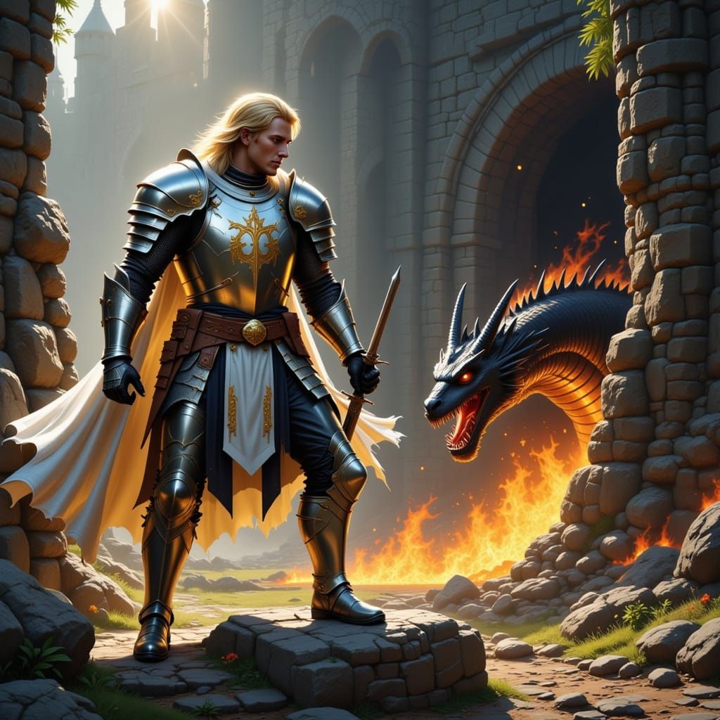 Knight Battles Dragon in Fantasy Art Style