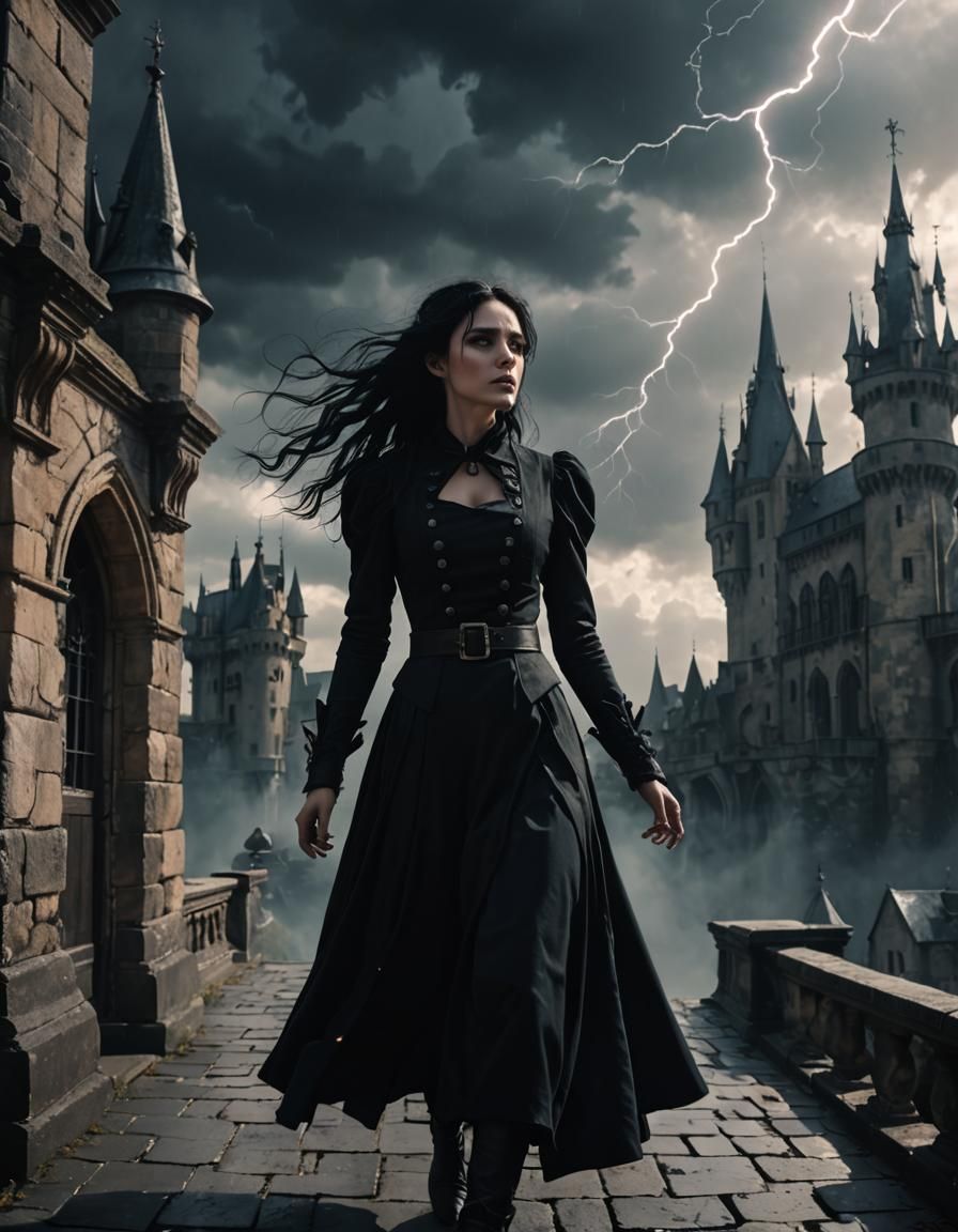 Gothic Woman on Castle Roof with Magic