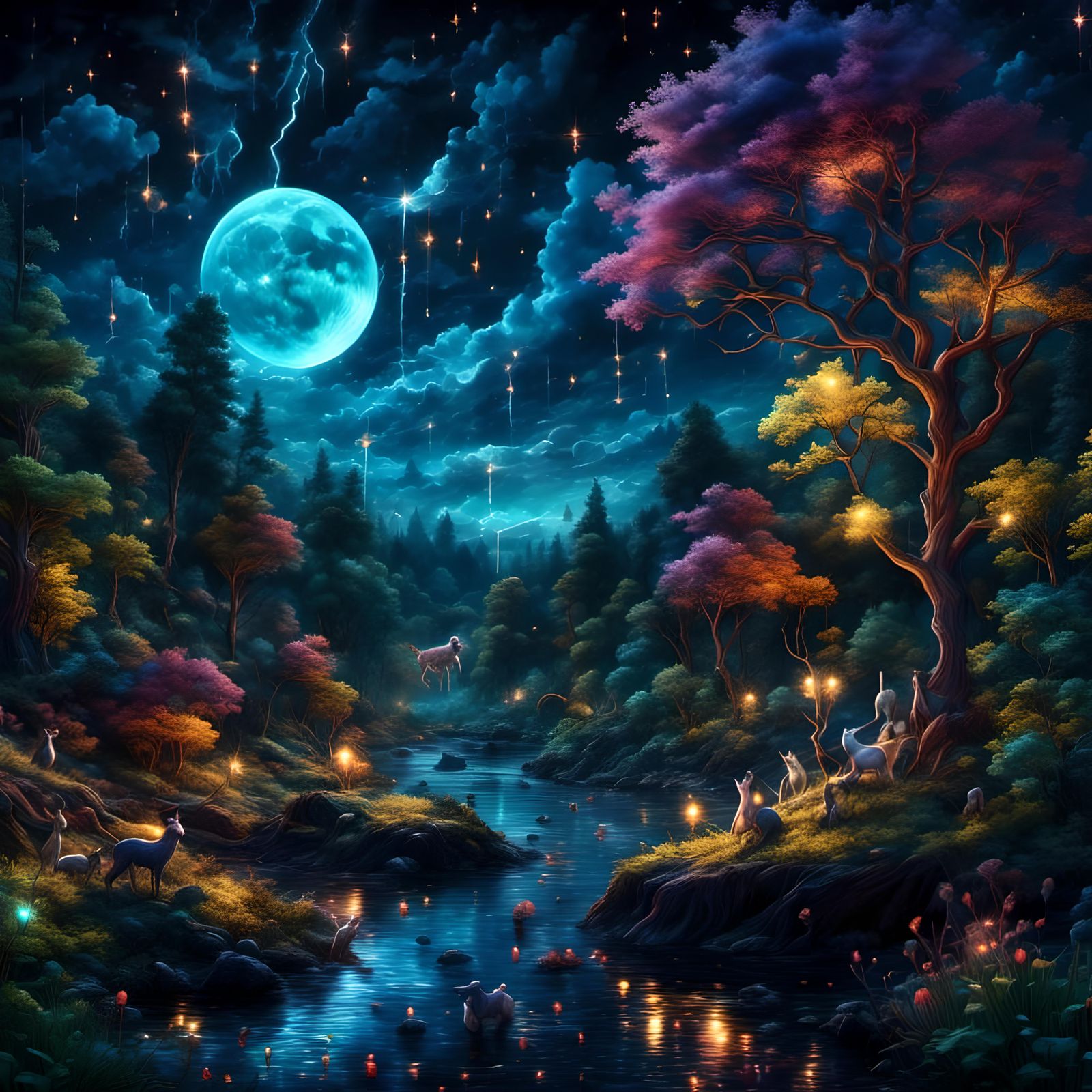 Moonlit River Gathering: Psychedelic Animals in 8K