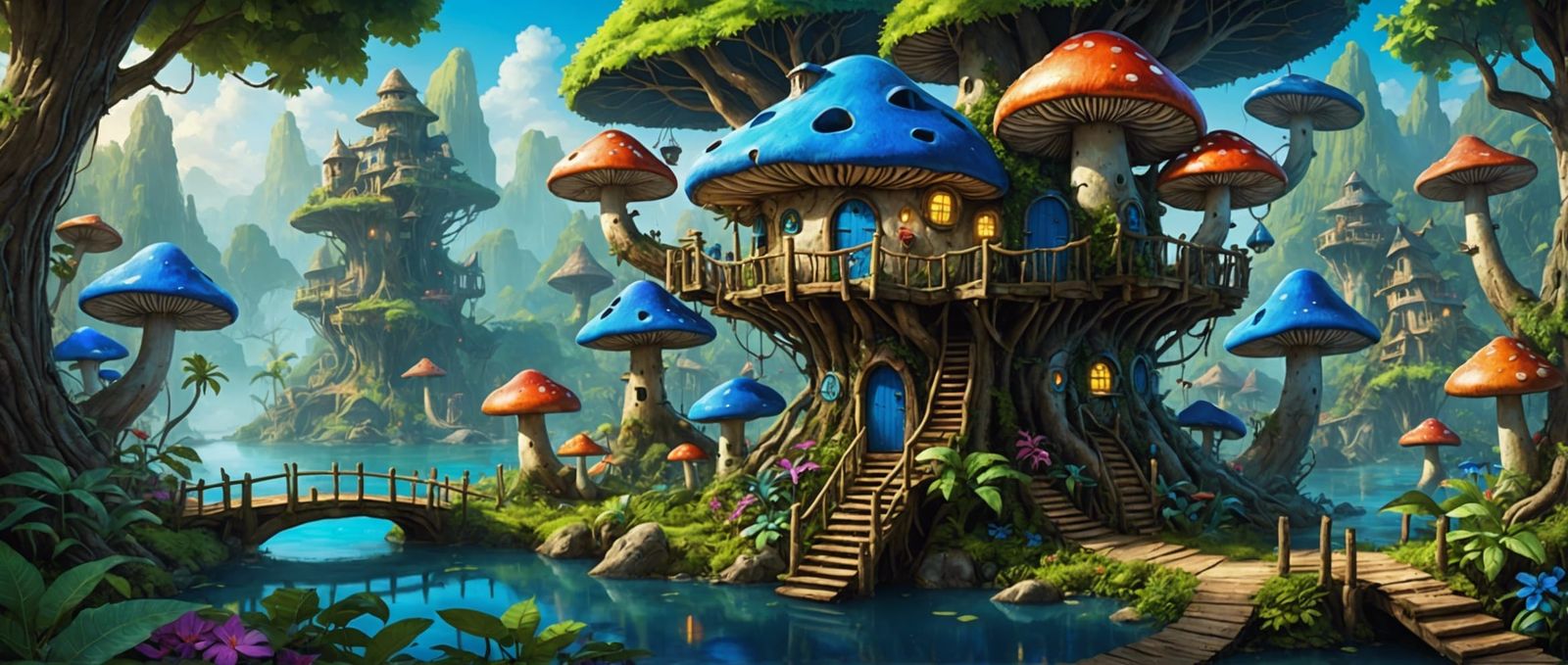 Vibrant Blue Mushroom Treehouse Village in Jungle
