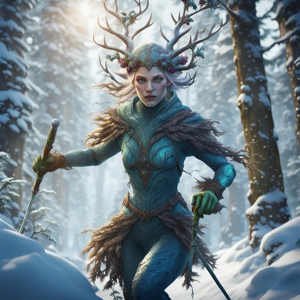 Snow Dryad Skis Through Winter Woods
