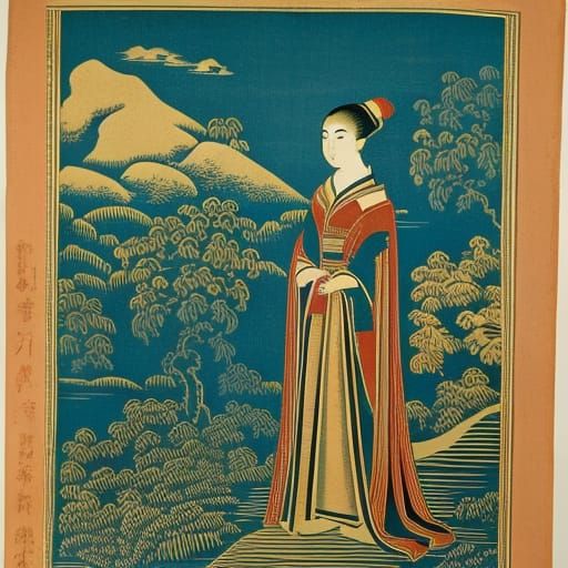 Woodblock Portrait in Whimsical Landscape
