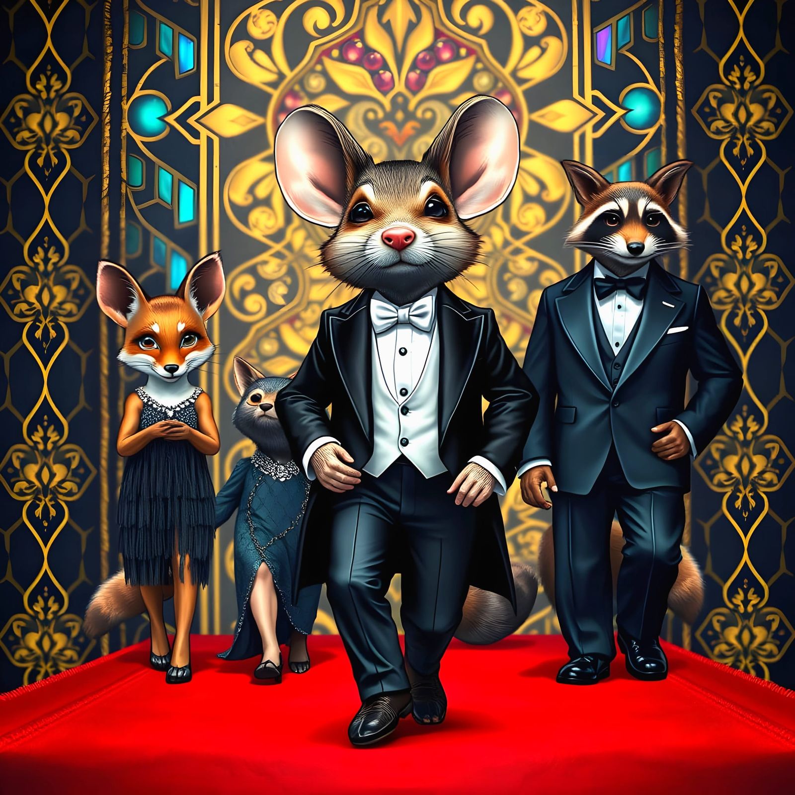 Anthropomorphic Animals Grace Art Deco Red Carpet
