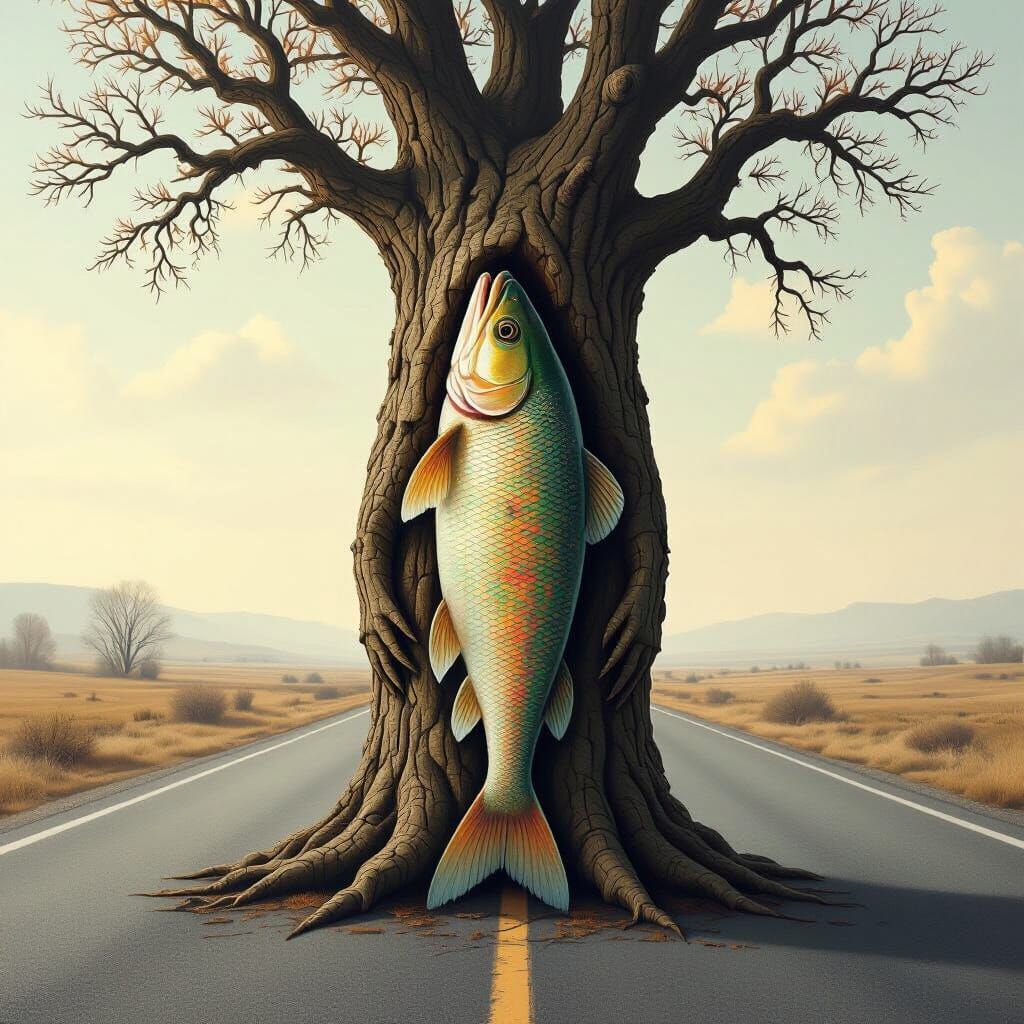 Surreal Tree-Trout Hybrid on Empty Road