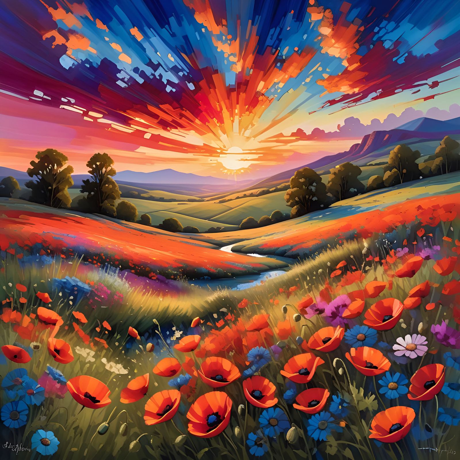 Vibrant Countryside Sunset: A Colorful Landscape