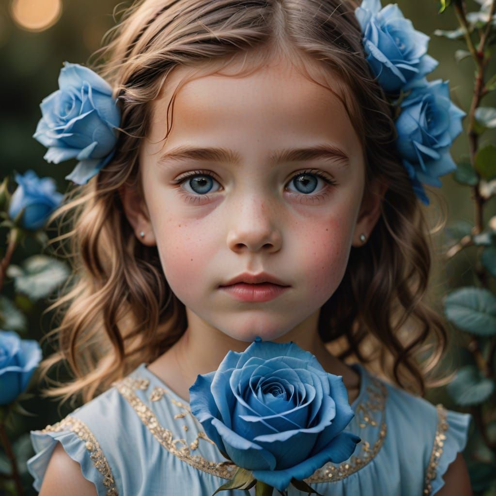 Child's Face in a Delicate Blue Rose