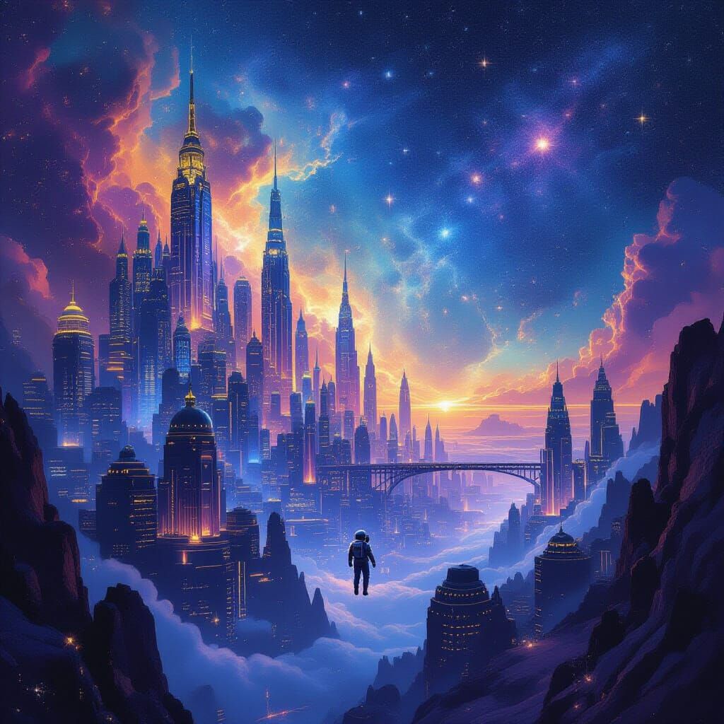 Celestial Cityscape in Cosmic Art Style