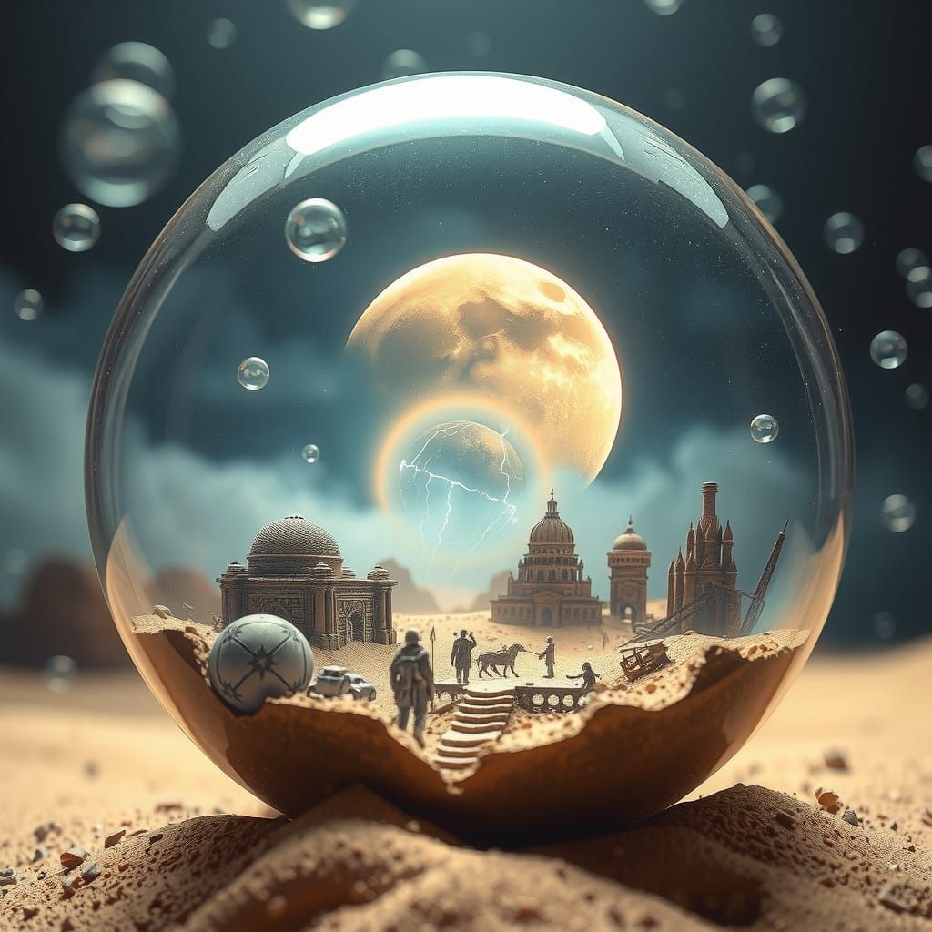 Miniature City in Soap Bubble with Thunderstorm