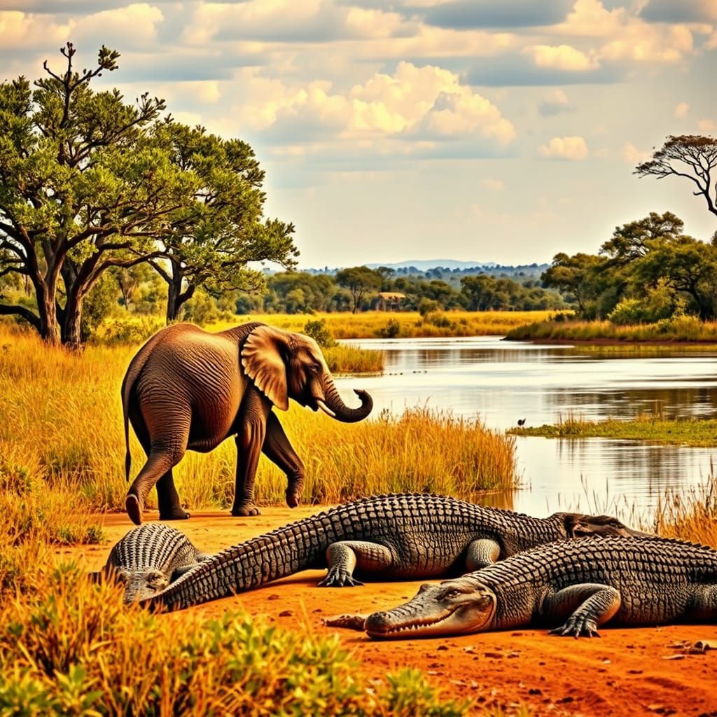 Elephant Family Strolls Along Tranquil Lake in Vibrant Savan...