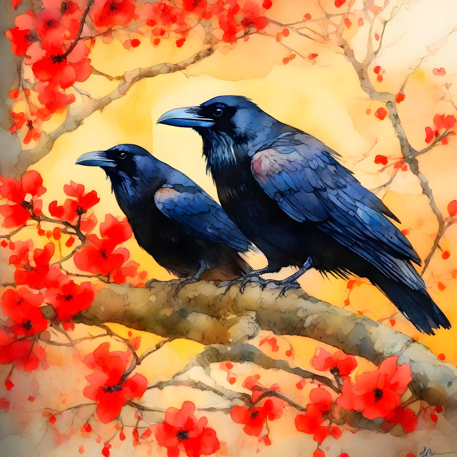 Vibrant Sunset Scene with Raven perched on Dogwood Branch