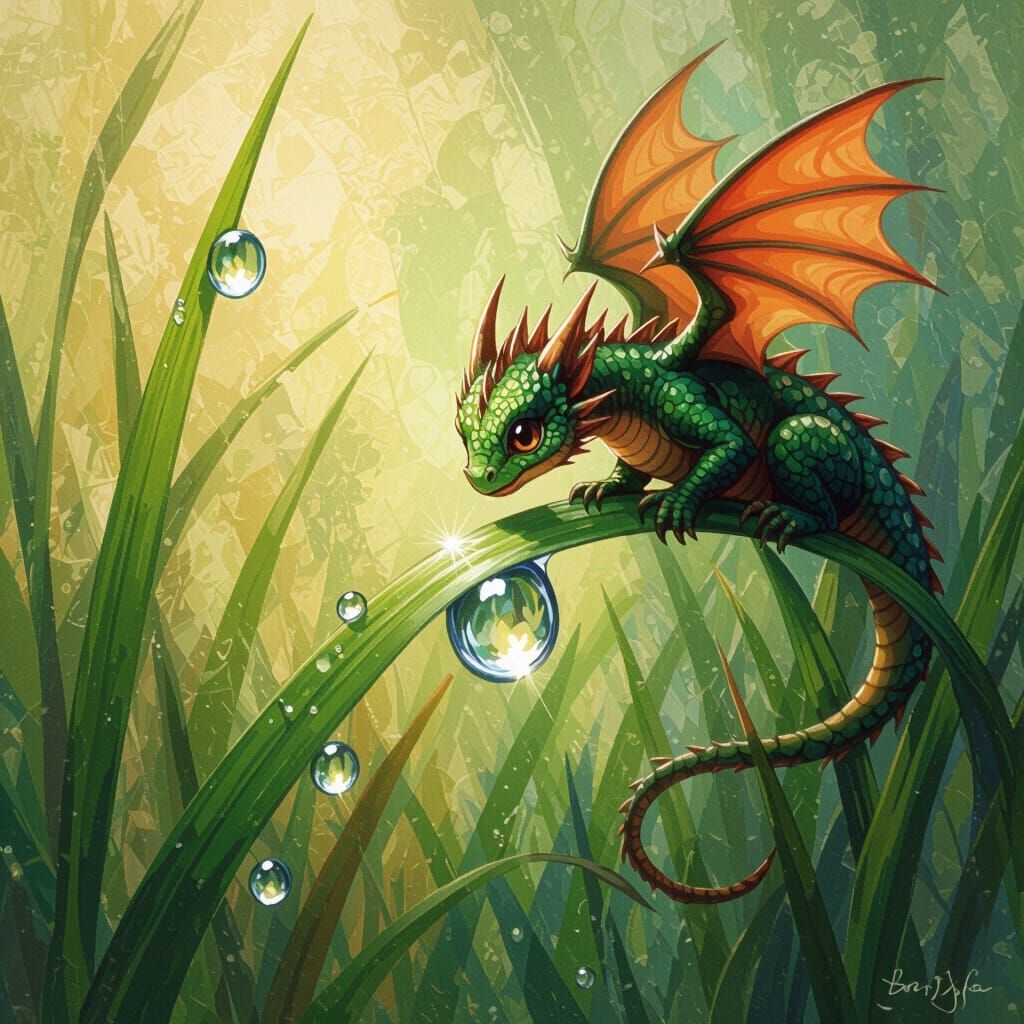 Tiny Dragon's Reflection in Dewdrop, J.W. Waterhouse Style