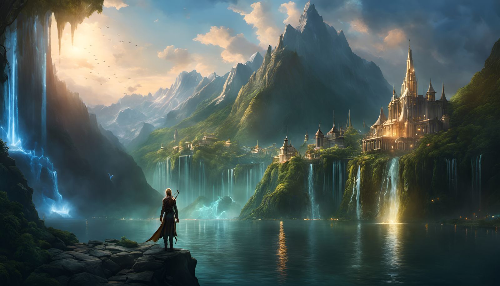 Elven City with Waterfalls and Elf Adventurer