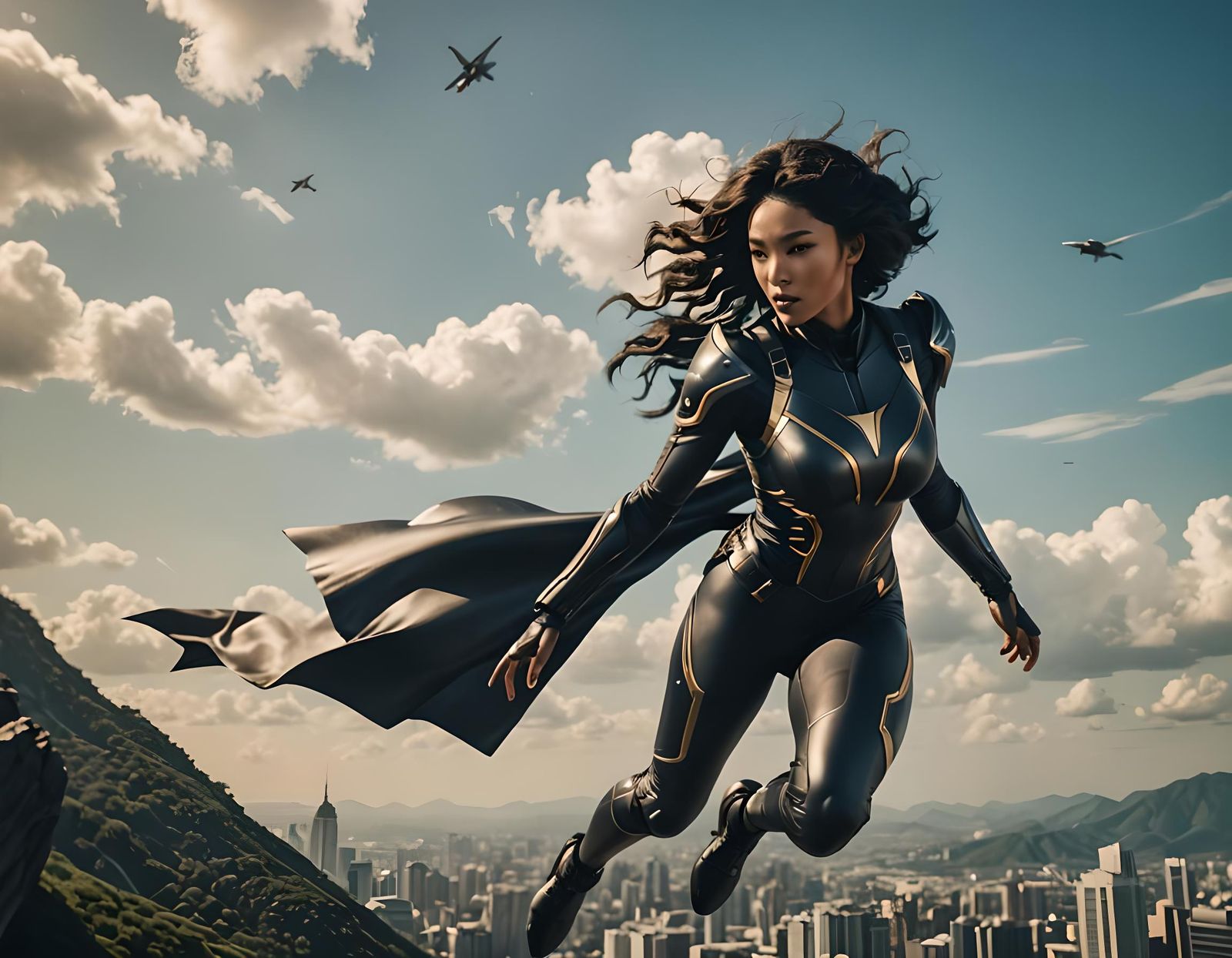 Anime Superheroine in Flight: Cinematic Film Still