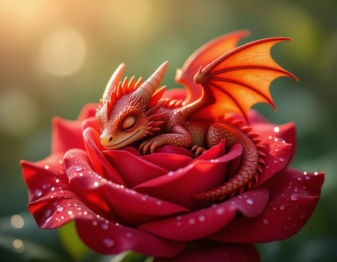 Macro Photo of a Tiny Red Dragon Sleeping in Rose