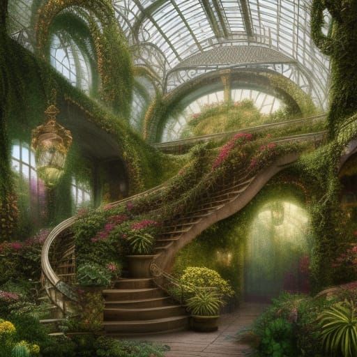 Ornate Stairs in Sunlit Greenhouse: Fantasy Concept Art