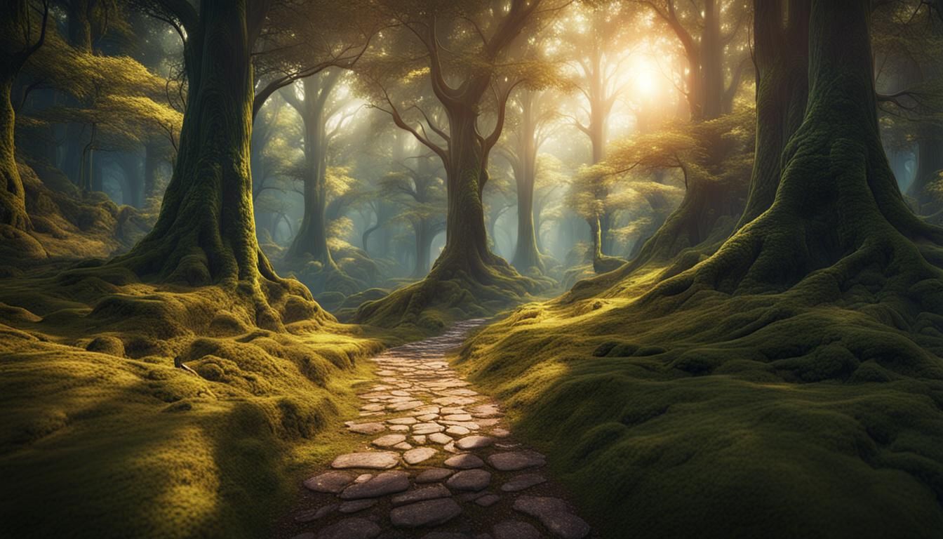 Sunlit Path Through a Detailed Fantasy Forest