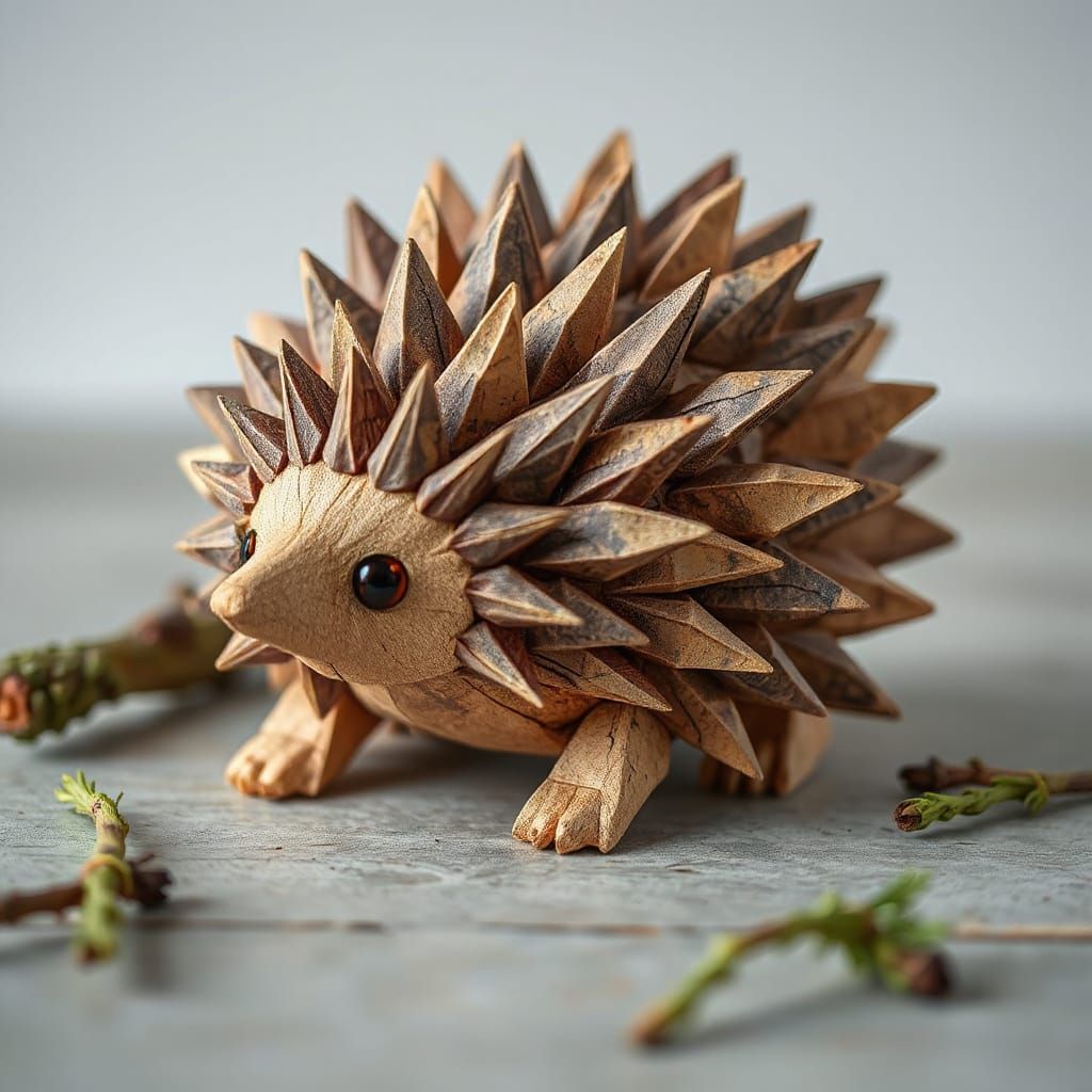 Pine Needle Hedgehog Sculpture with Amber Eyes