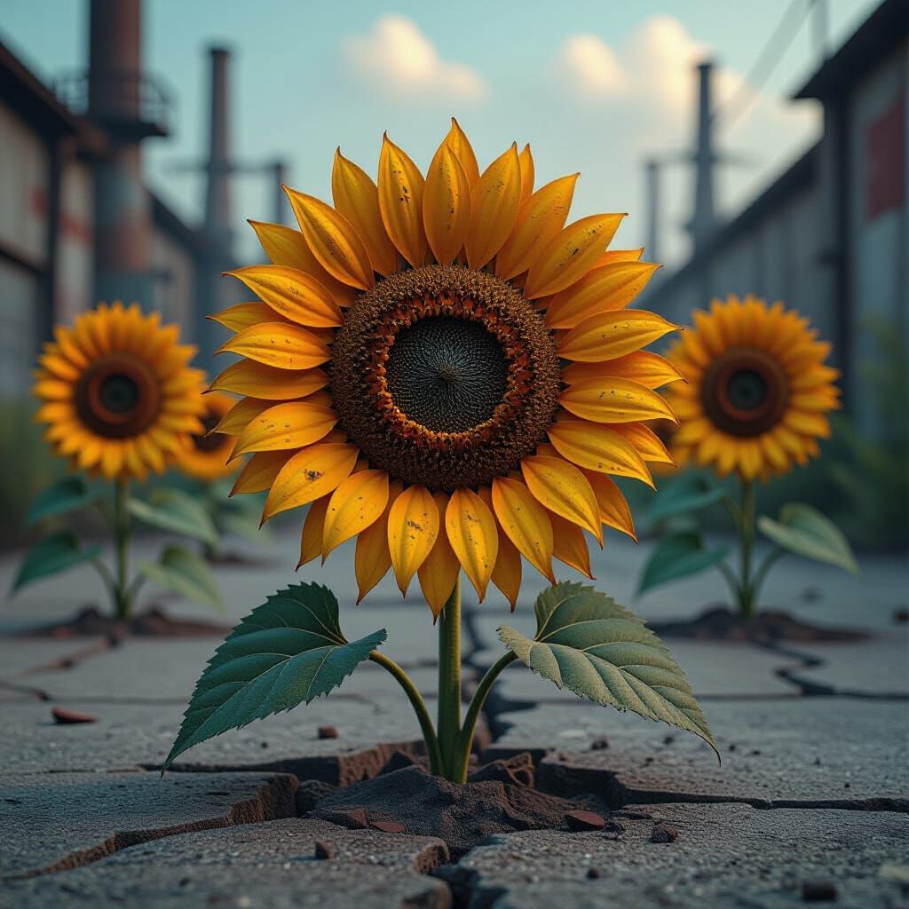Dystopian Sunflowers in Industrial Decay: Matte Painting