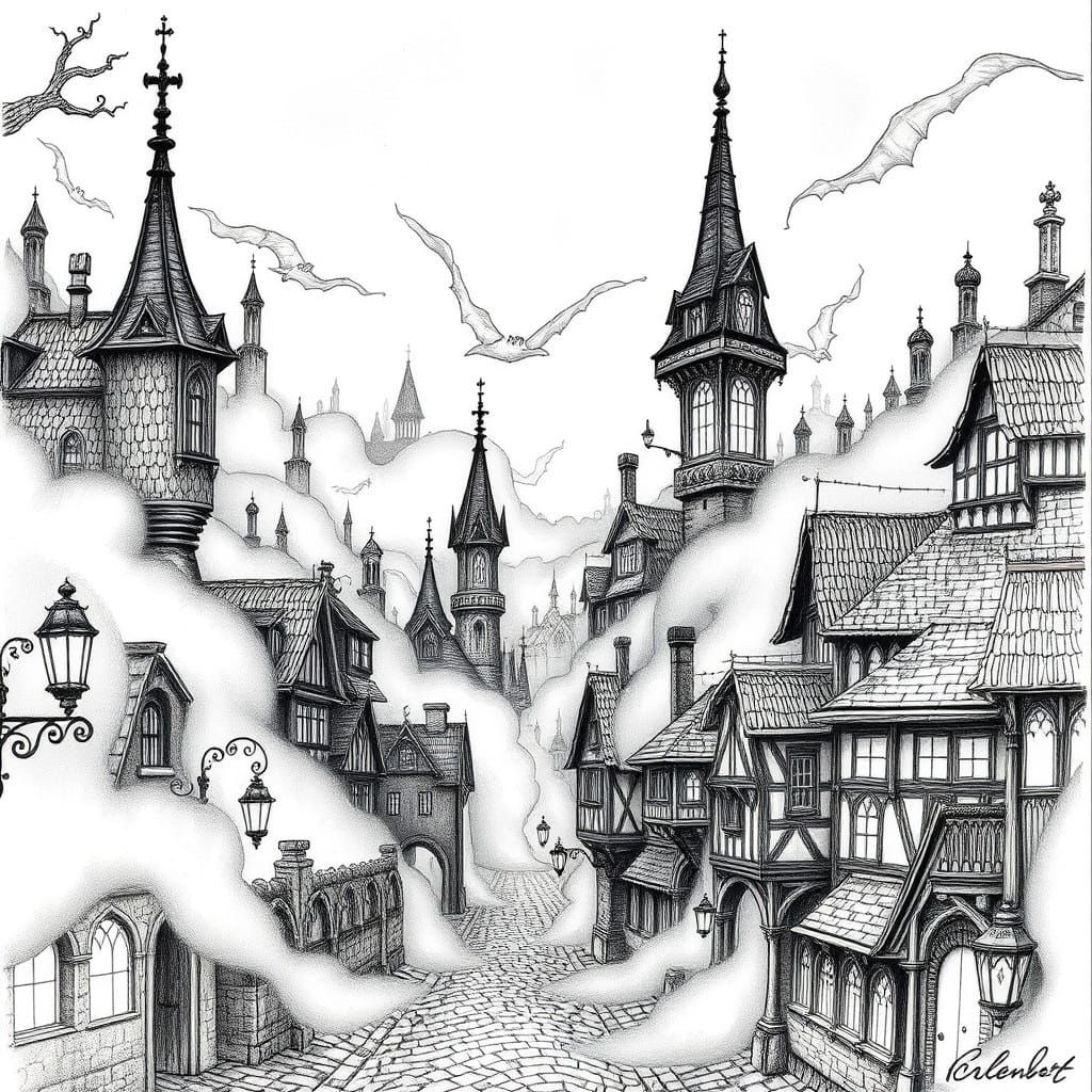 Haunted Medieval Cityscape in Dark, Whimsical Style