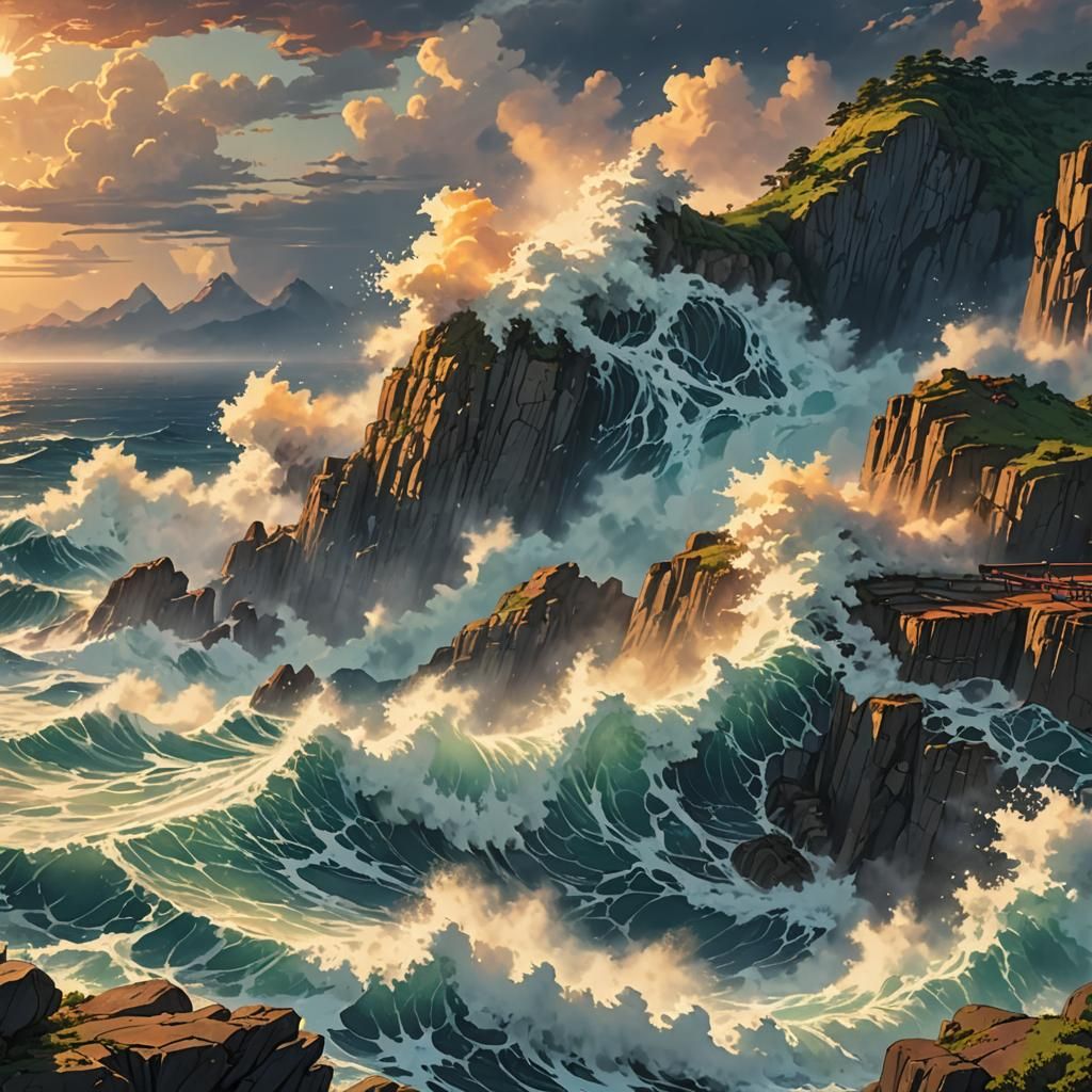 Dramatic Ocean Cliff in Anime Manga Style