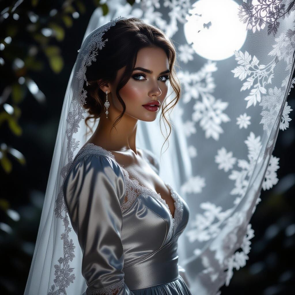 Victorian Moonlight Portrait: Woman in Silver Silk Dress