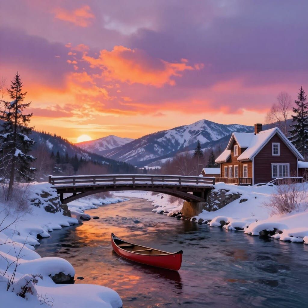 Winter Sunset Over Snowy Landscape with Canoe