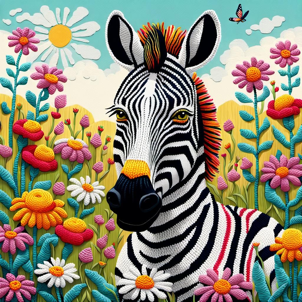 Knitted Zebra Portrait in Folk Art Style