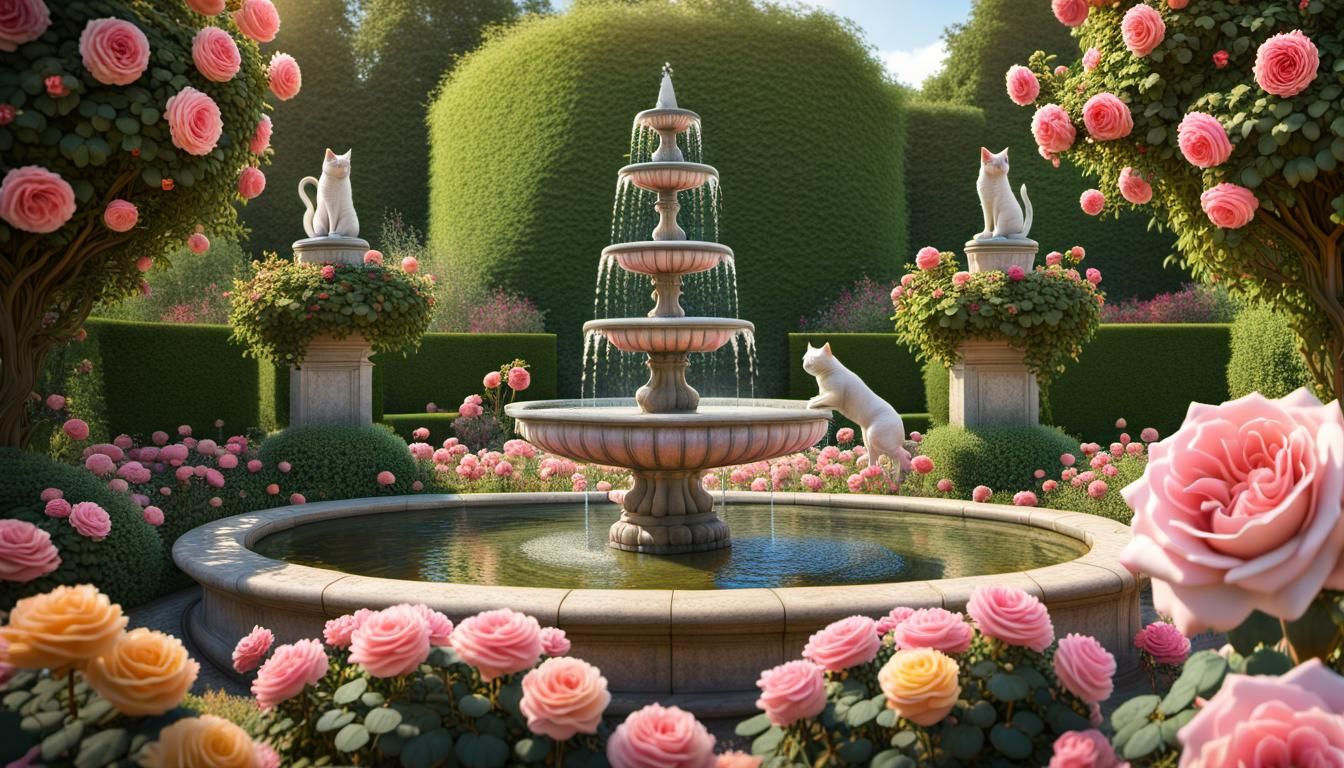 Hyperdetailed English Rose Garden with Topiary, Digital Art