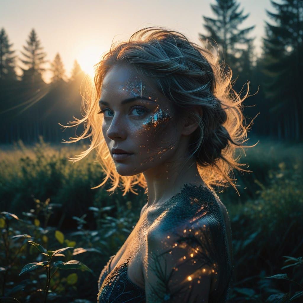 Ethereal Portrait Blended with Dusk Forest