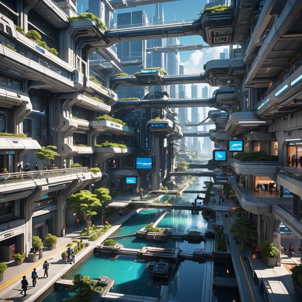 Futuristic Space Station City Square in 3D Anime Style