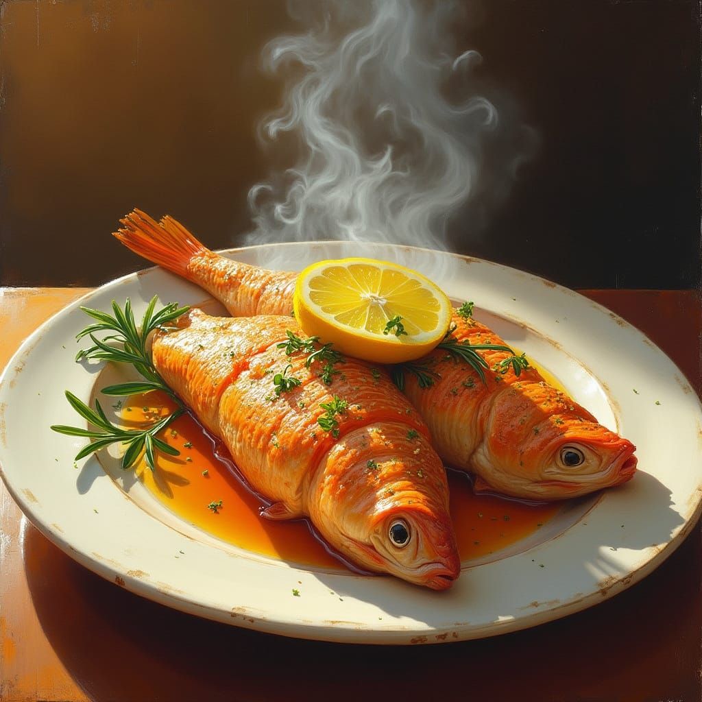 Delicious Fish Still Life in Vibrant Hockney Style