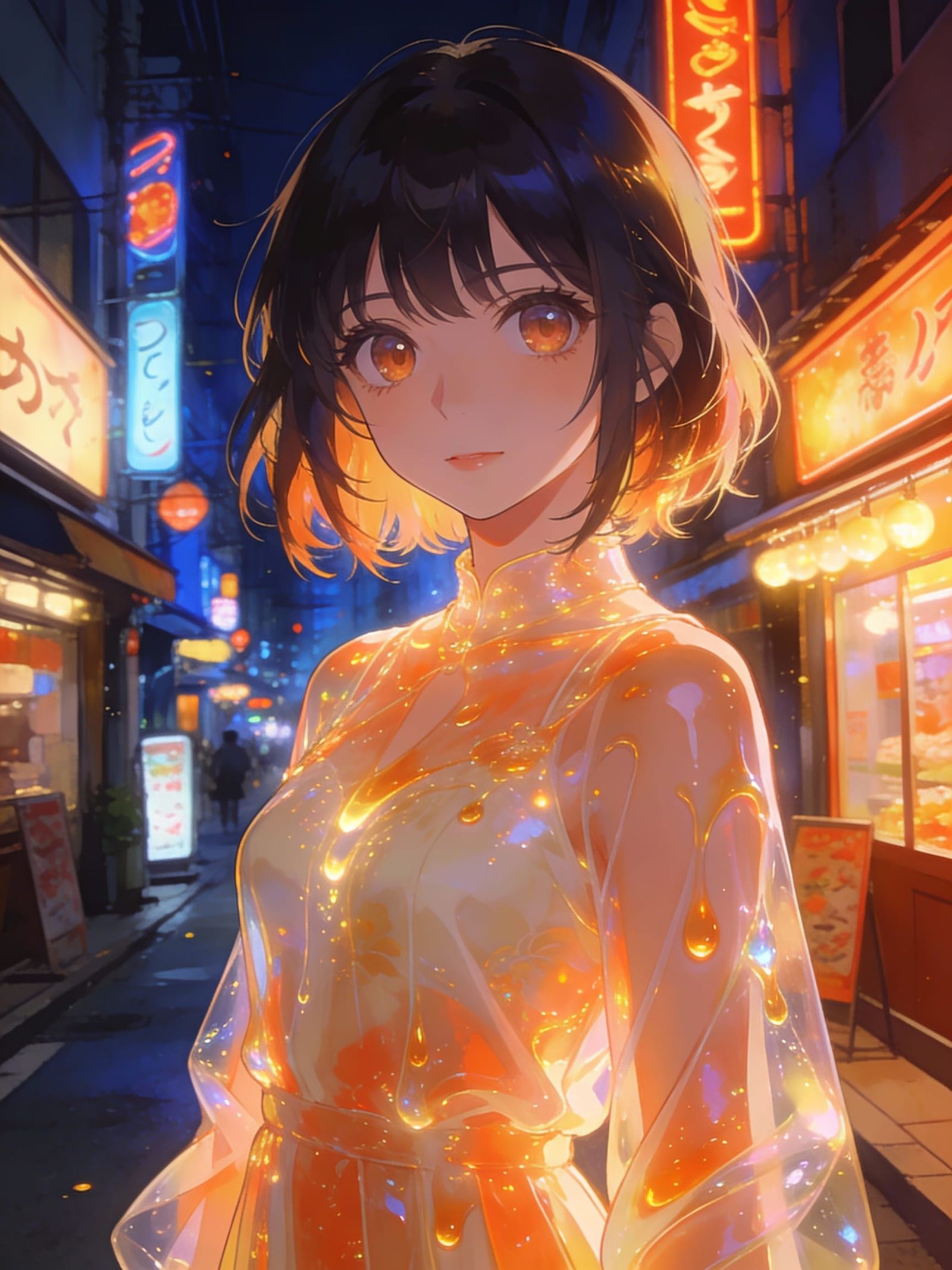 Anime Woman in Japanese City Street, Luminescent Style