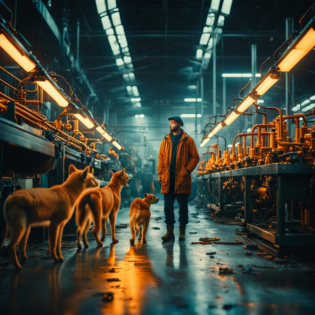 Android Feeds Animals in Factory: Cinematic Still
