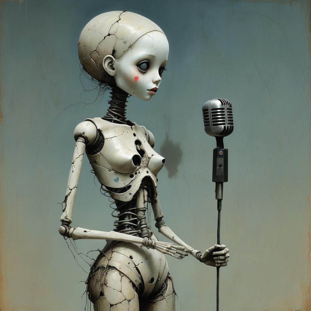 Cracked Porcelain Doll Stick Figure in Gothic Horror Style