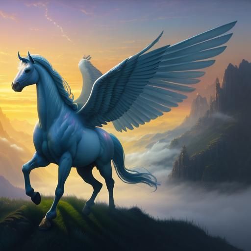 Majestic Pegasus Soaring Through Misty Mountains