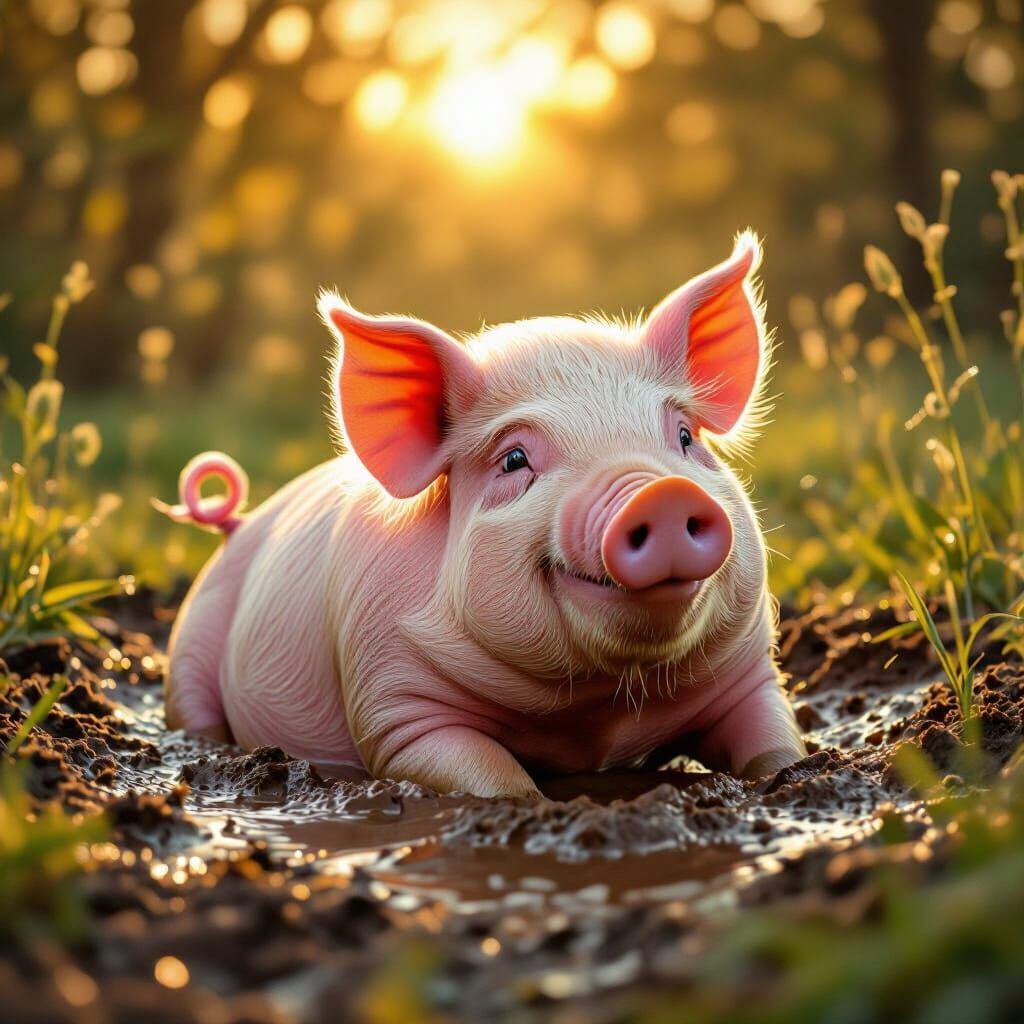 Joyful Plump Pig Wallowing in Muddy Field at Golden Hour