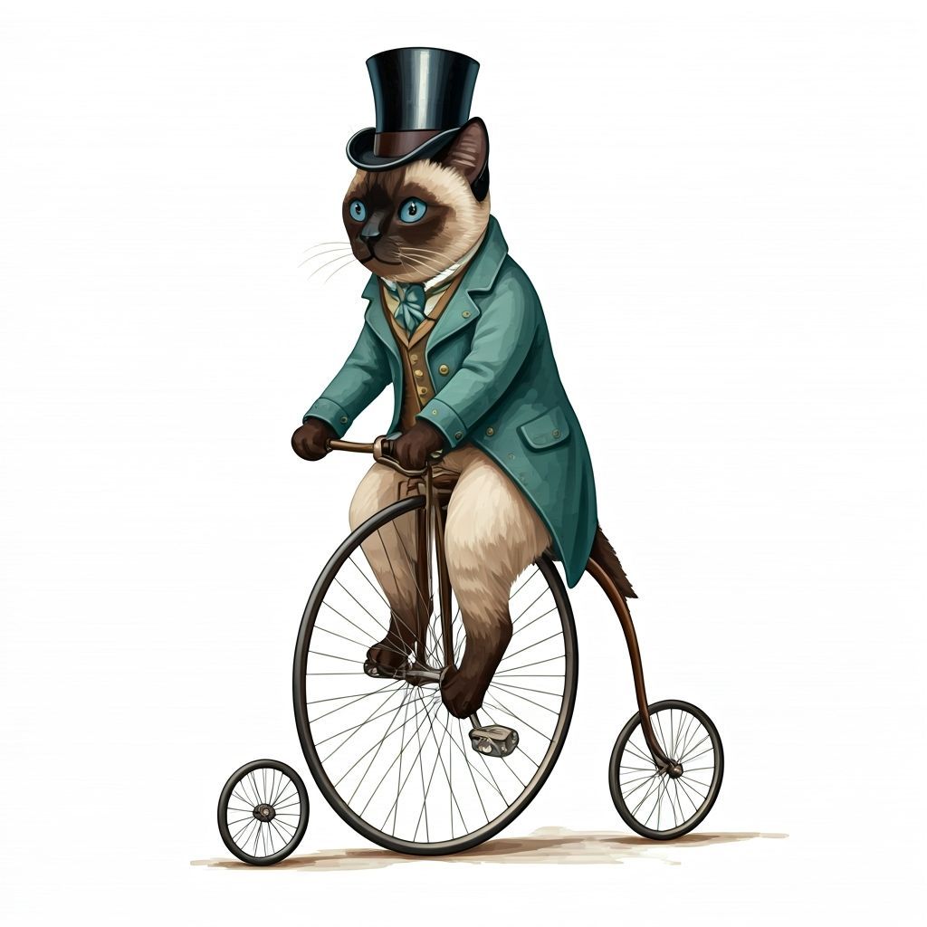 Siamese Cat Rides Penny Farthing in Watercolor Style