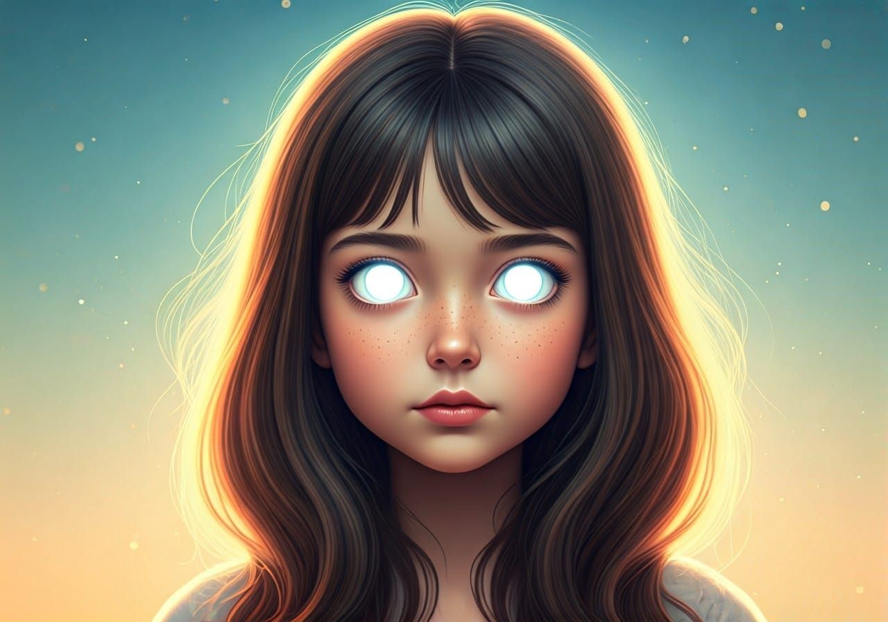 A Dreamy Young Girl with Radiant Eyes Illuminates a Whimsica...
