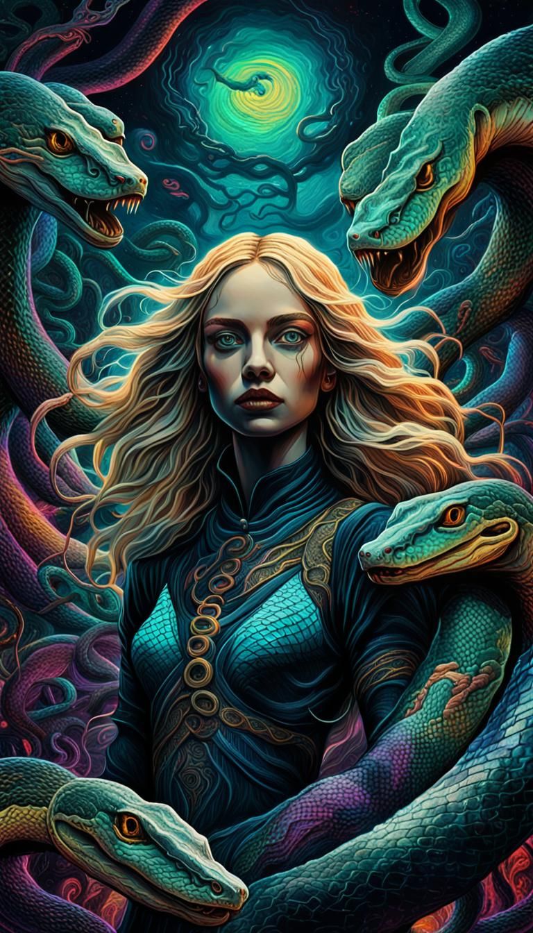 Goddess with Snakes in Mystical Realm