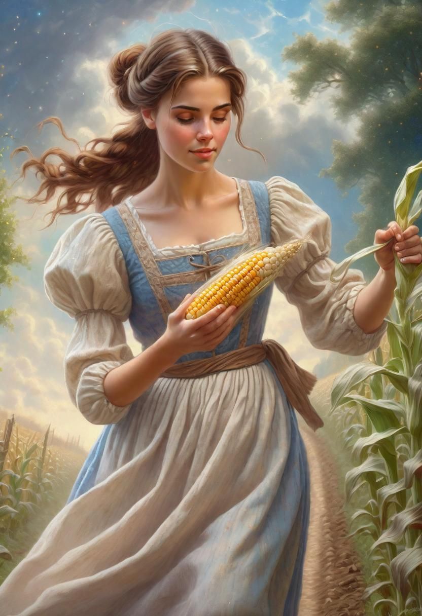 Woman Sowing Corn Field: Ethereal Fantasy Art