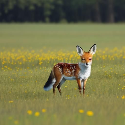 Fawn, Fox, and Butterfly in Field: Photography